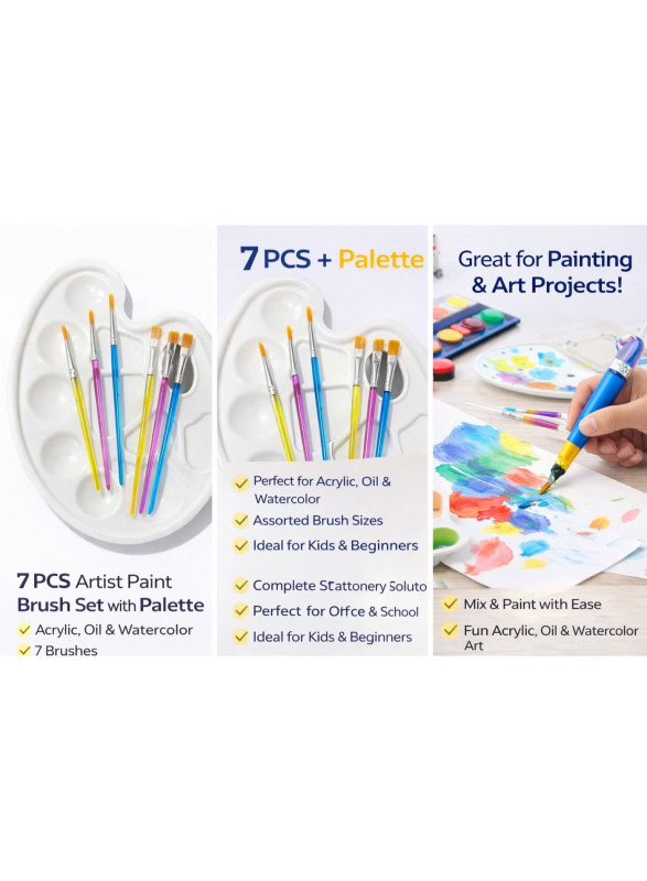 7 PCS Artist Paint Brush Set with Palette – Acrylic, Oil & Watercolor Painting Kit