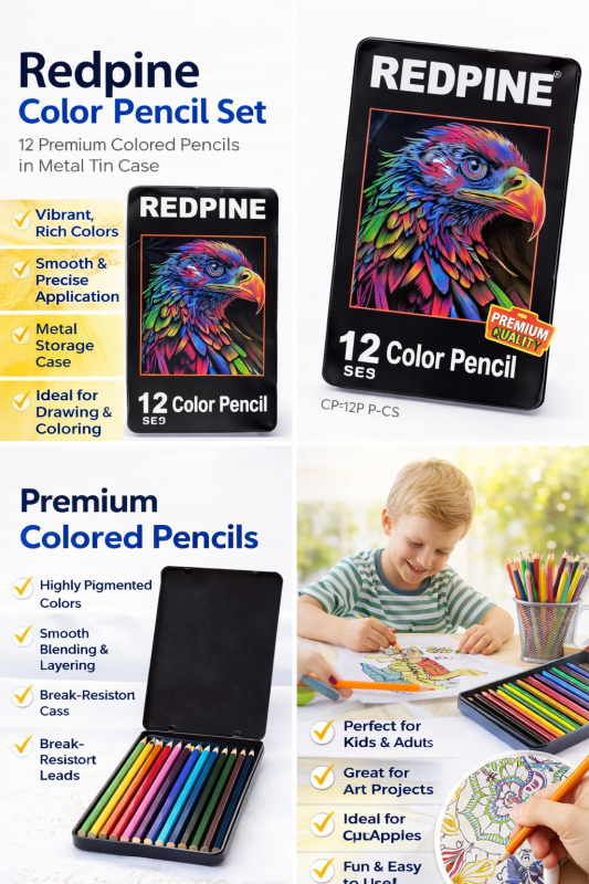 Redpine 12 Color Pencil Set in Metal Tin Case – Smooth Coloring, Vibrant Colors for Kids, School & Art Drawing