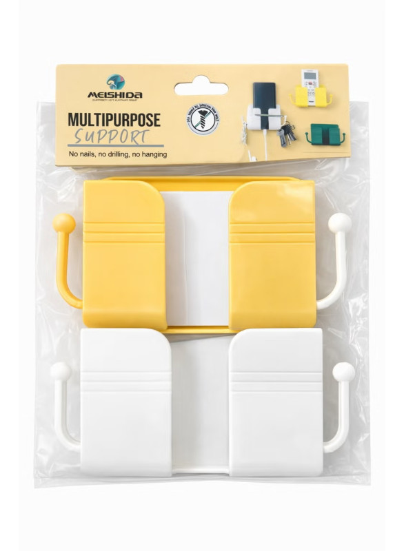 Multipurpose Adhesive Wall Holder with Hooks – No Drill Phone & Key Organizer, Strong Grip Storage Support (2 Pieces, Yellow & White)
