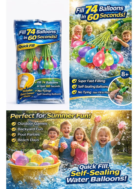 Water Balloons Set – 74 Balloons in 60 Seconds, Quick Fill Self-Sealing Bunch with Hose Connector for Kids Summer Fun