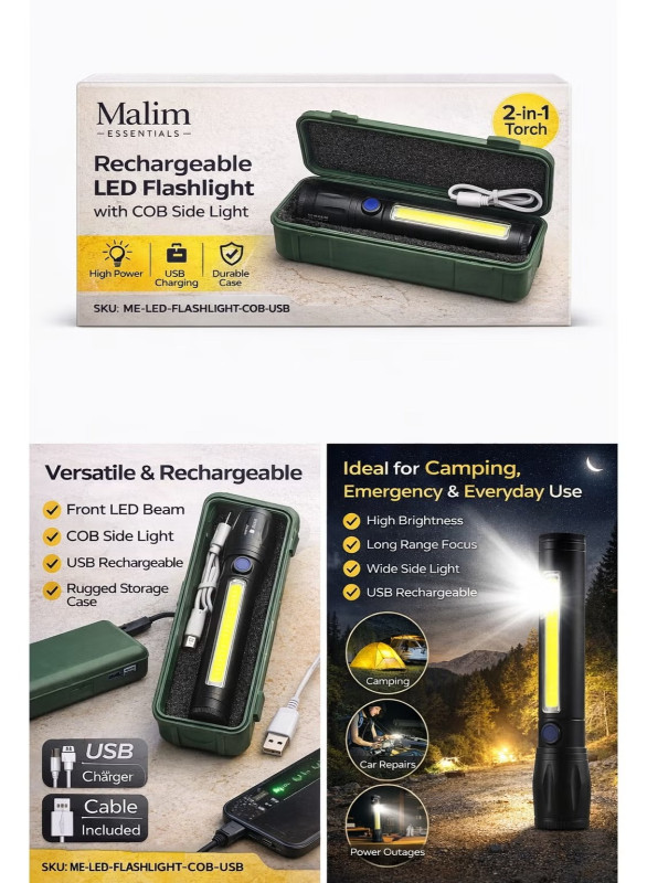 Rechargeable LED Flashlight with COB Side Light – Portable High Power Torch with USB Charging & Storage Case