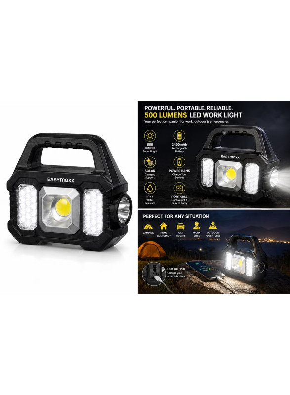 Portable Rechargeable LED Work Light 500 Lumens – Solar Powered Emergency Light with Power Bank | Waterproof Outdoor Camping Lamp