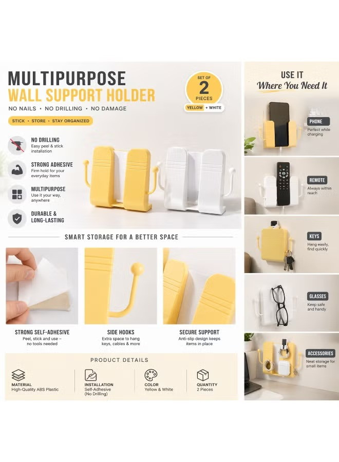 Multipurpose Adhesive Wall Holder with Hooks – No Drill Phone & Key Organizer, Strong Grip Storage Support (2 Pieces, Yellow & White)