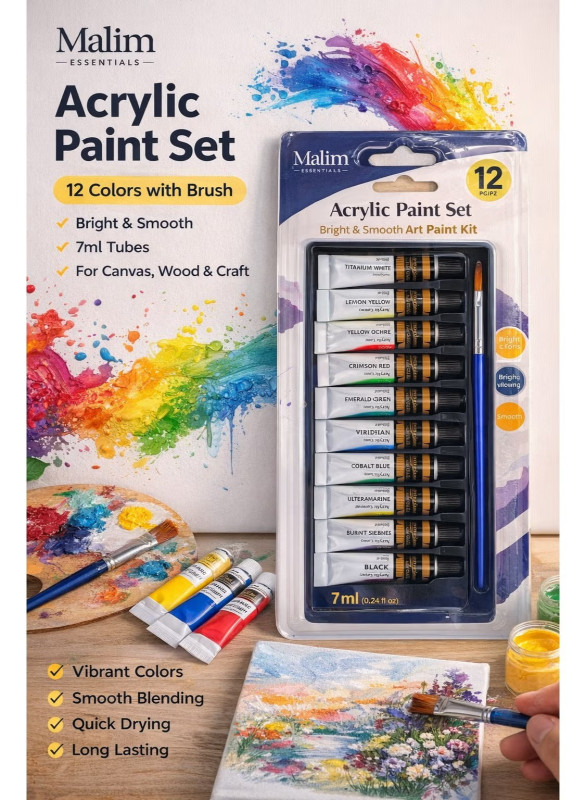 Acrylic Paint Set 12 Colors with Brush – 7ml Tubes, Bright & Smooth Art Paint Kit for Canvas, Wood & Craft