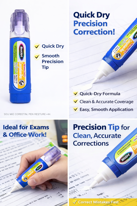 BestArt Correction Pen 7ml – Quick Dry White Correction Fluid Pen, Smooth Precision Tip for Office & School Use