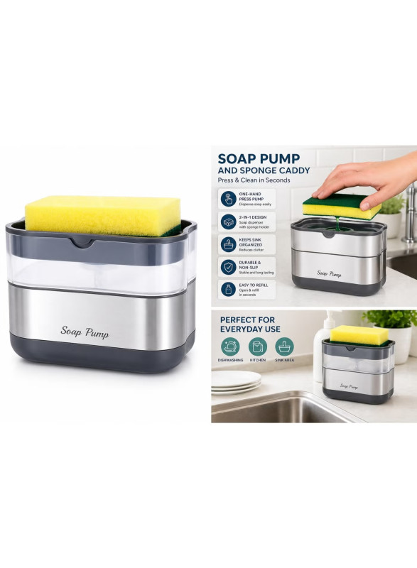 Soap Dispenser Pump with Sponge Holder – Kitchen Sink Soap Caddy with Press Pump Design