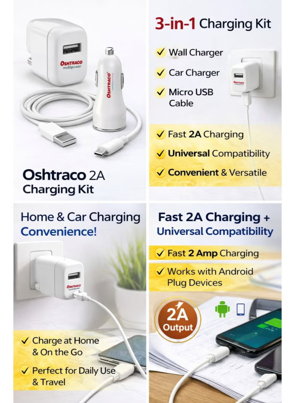Oshtraco 2A Charging Kit – Wall Charger + Car Charger + Micro USB Cable 1M Fast Charging Set